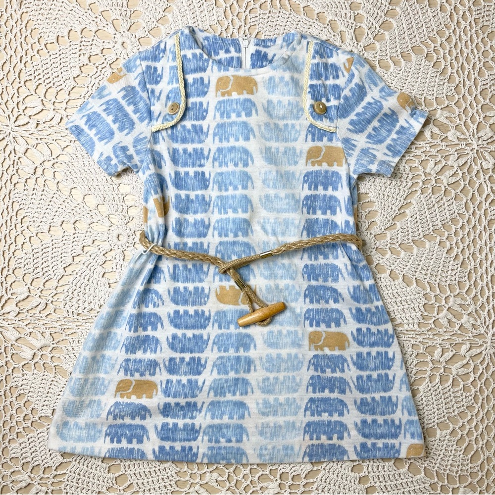 Vintage 1970s Cinderella Girls 5 Years Blue Elephant Rope Belted Tunic Top
